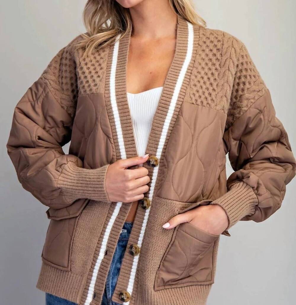 NEW EE:SOME women's quilted mixed media knit jacket in beige